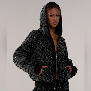 AKIRA Black and Rhinestone Snake Patterned Zip up Sweatshirt